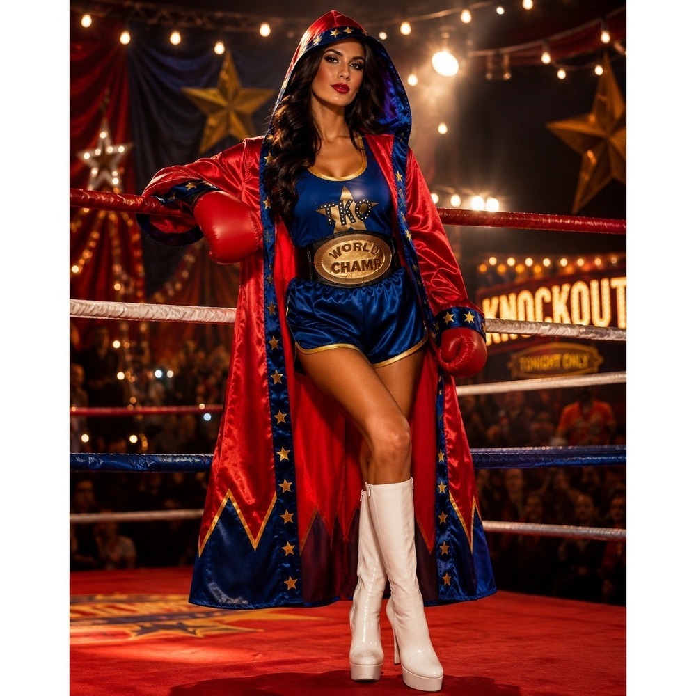 Knockout Boxer Champion 6 Piece Costume Set Red Blue Gold Star Adult Large